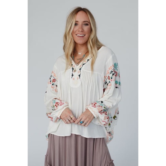 Three Bird Nest Blouse Frida Embroidered Dolmam Boho Flowy Peasant Hippie Medium - Picture 2 of 12